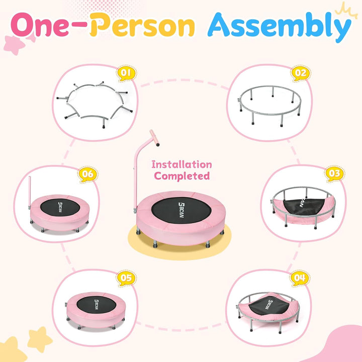 36'' Mini Folding Ages 2 to 5 Toddler Trampoline with Handle for Kids, Two Ways to Assemble the Handle, Indoor/Garden Toddlers Trampoline with Super Safe Cover for Toddlers