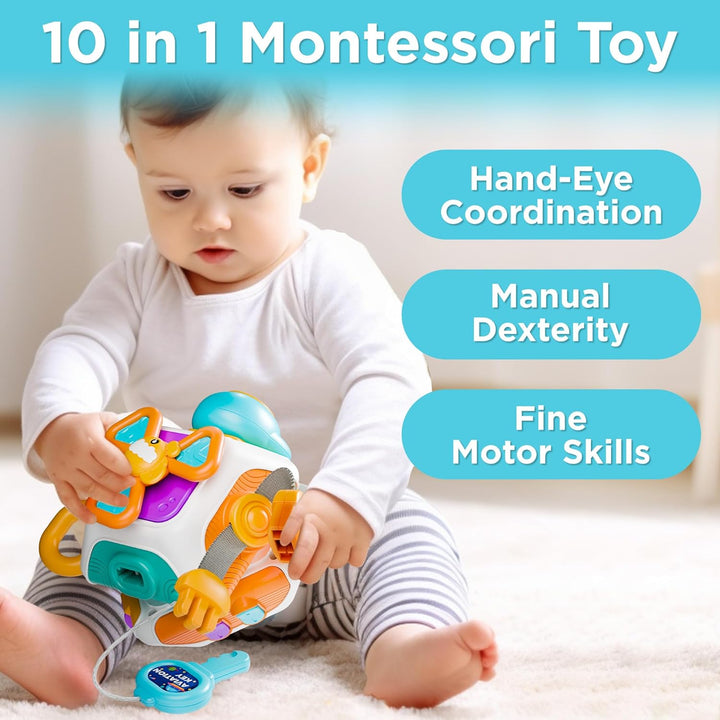 10 in 1 Baby Busy Board Cube, Montessori Sensory Toy Toddler 1-3, Infant Carseat Plane Travel, Kid Education Learning Activity, Birthday Gift 6 9 10 12 18 Month 1 2 Year Old Boy Girl