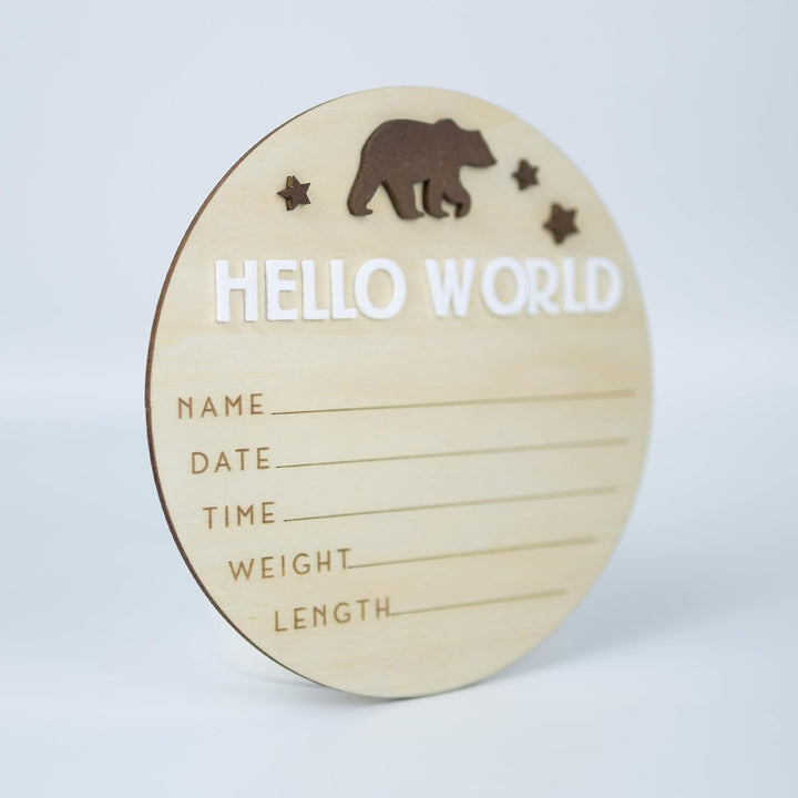 Baby Announcement Sign 6.5 Inch Wooden Hello World Newborn Welcome Sign Birth Baby Name Plaques for Photo Props Baby Shower Hospital Nursery (BOW CUT)