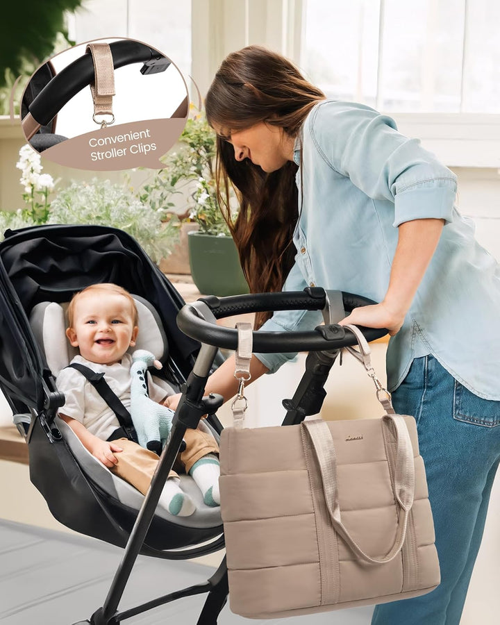 Diaper Bag Tote, 15.6Inch Puffer Baby Diaper Bag Waterproof Travel Diaper Tote with Changing Pad Pacifier Case
