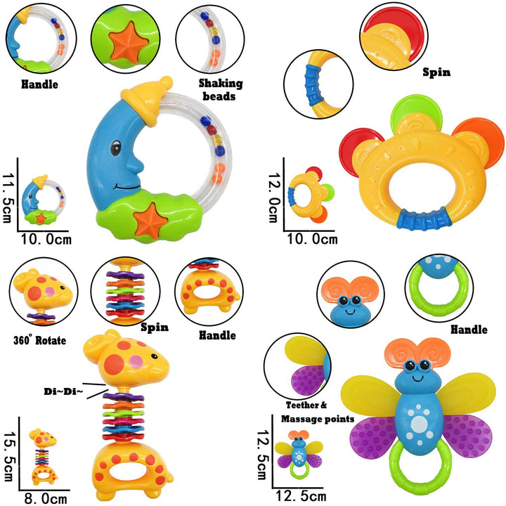 Baby Toys 0-6 Months Infant Toys 0-3 Months Infant Rattles Baby Rattle Teether Toy Set with Storage Box Musical Rattles for Newborn Boy Girl Gifts Set with Baby'S First Rattle Teether (11Pcs)