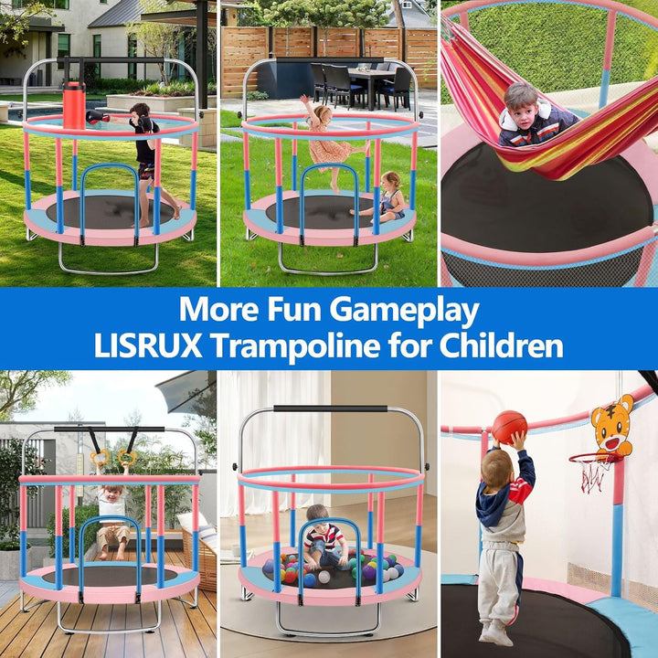 60" Toddler Trampoline for Kids, 5FT Adjustable Trampoline Indoor Outdoor with Enclosur Net, Mini Trampoline for Kids 3-10, 880Lbs Capacity, Adjustable Gymnastics Bar, Basketball Hoop, Swing