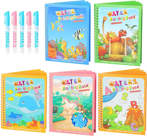 5 Pack Reusable Water Coloring Book for Toddlers, Water Doodle Book Toys, Paint with Water Books,Mess-Free Coloring Book, Portable Educational Doodle Drawing Toy, Educational Learning Kits Gifts