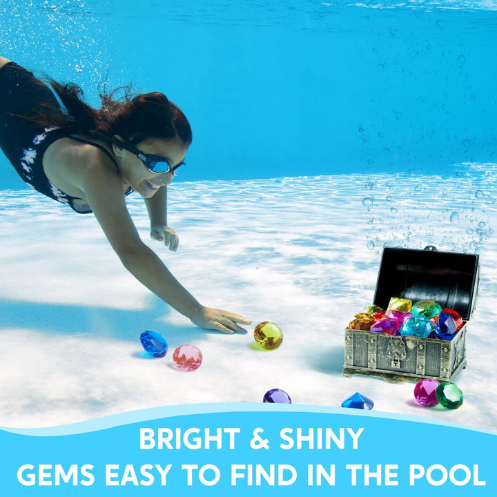 Diving Gems Pool Toys, 16 Big Colorful Diamond with Pirate Treasure Chest,Swim Dive Toy for Kids Underwater Gemstone Swimming Training Gift Water Pool Games(Gold)