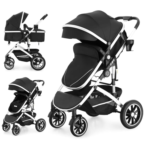 Baby Stroller with Bassinet, Convertible Infant Stroller with Adjustable Backrest & Canopy for Baby, Foldable Newborn Pushchair with Reversible Seat and Cover for 0-36 Months (Dark Black)