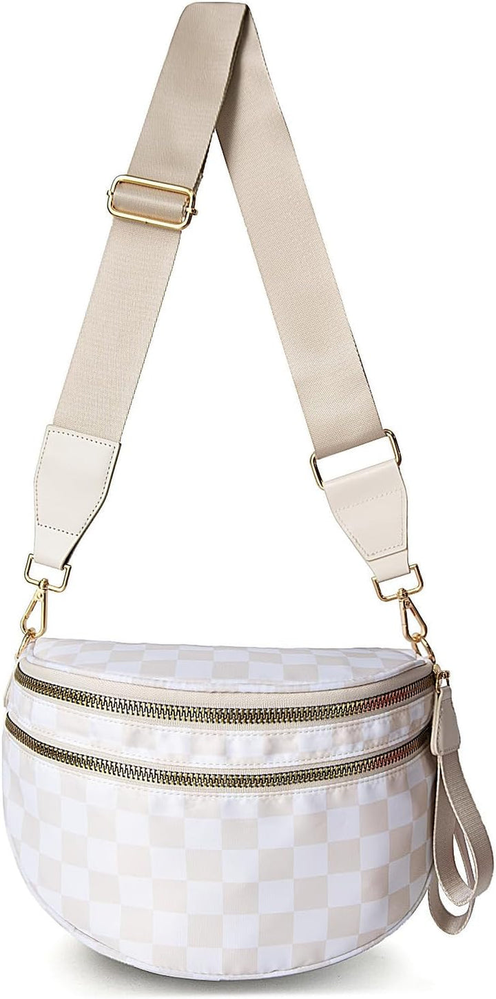Mommy Bum Bag Crossbody, 2025 Trendy Checkered/Solid Nylon Waterproof Adjust Wide Straps Large Mom Diaper Bag