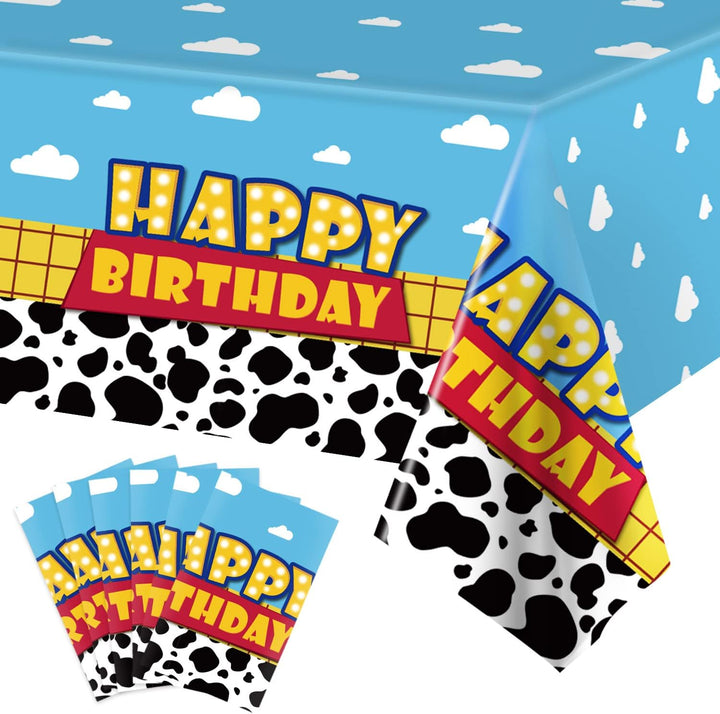 3 Pack Cartoon Story Birthday Party Supplies Cow Pattern Printed Table Cover Blue Sky and White Cloud Tablecloths Cow Birthday Party Decoration for Boy Girl Kid Birthday Party Decor 54 X 108 Inch