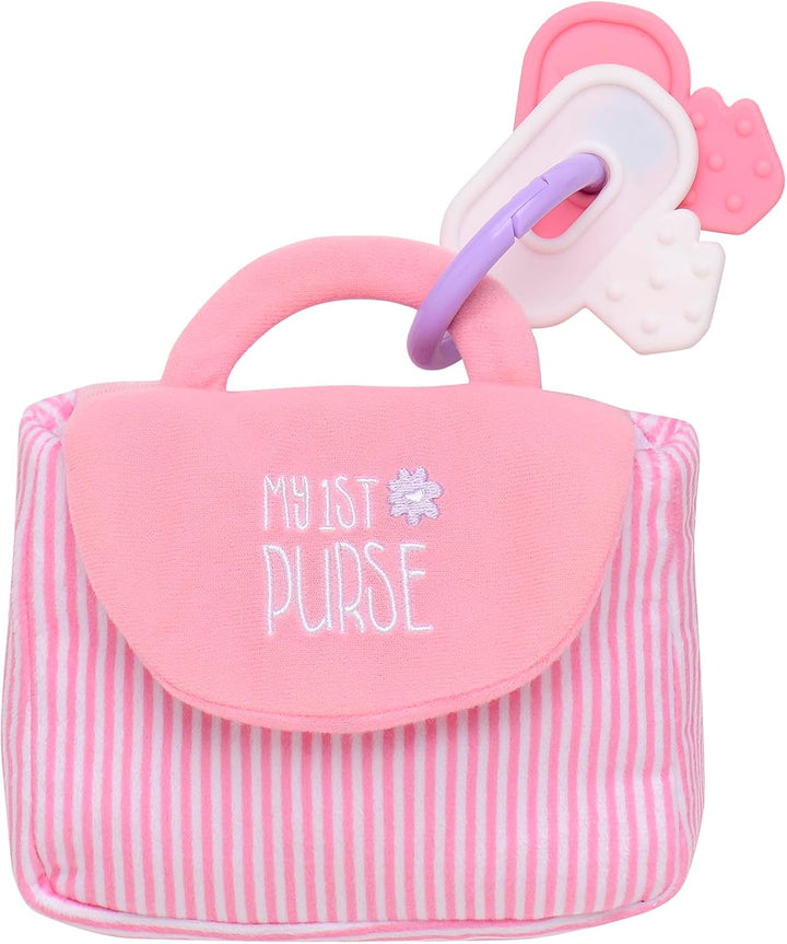 4 Piece Plush My First Purse Play Set with Sensory Toys and Bonus Teether Keys for Baby, Pink Stripe, 8 Inch