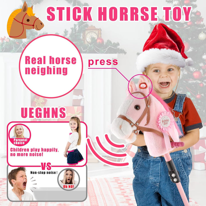 Stick Horse, Hobby Horse on a Stick for Children Ages 4-12 Adjustable 30-51" Length with Illuminated Silent Wheels Comfortable Sponge Wrapped Complimentary Battery Realistic Horse Neighs.