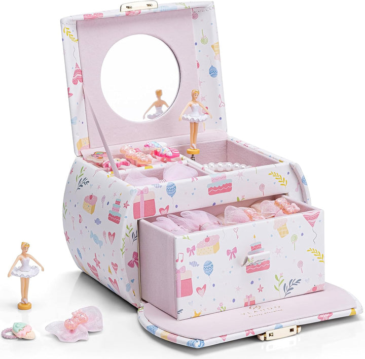 Kids Musical Jewelry Box for Girls with Drawer, Music Box with Ballerina and Stickers for Birthday Bedroom Decor, Gifts for Girls Kids - Pink