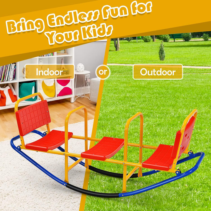 Teeter Totter Seesaw for Kids Outdoor, 2 in 1 Metal Rocking Seesaw for Toddlers with Easy-Grip Handles, Indoor Outdoor Rocker Toy Gifts for Ages 3-8, 1-3 Person Home Preschool Backyard See Saw