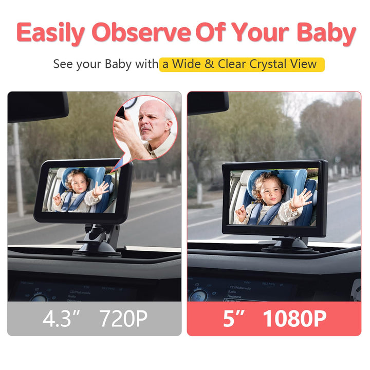Baby Car Camera, Dual Channel 5 Inch Display with 2 IR Night Vision Camera, Easily Install Baby Car Mirror 1080P Clear Car Baby Camera for Rear Facing Seat Backseat ACZ403