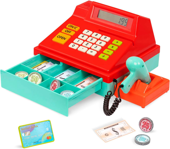 – Interactive Kids Cash Register with Scanner & Sounds – 26 Pieces Pretend Play Shopping Set with Light – up Scanner, Play Money & Card – Educational Toy for Learning & Fun – 3+ Years