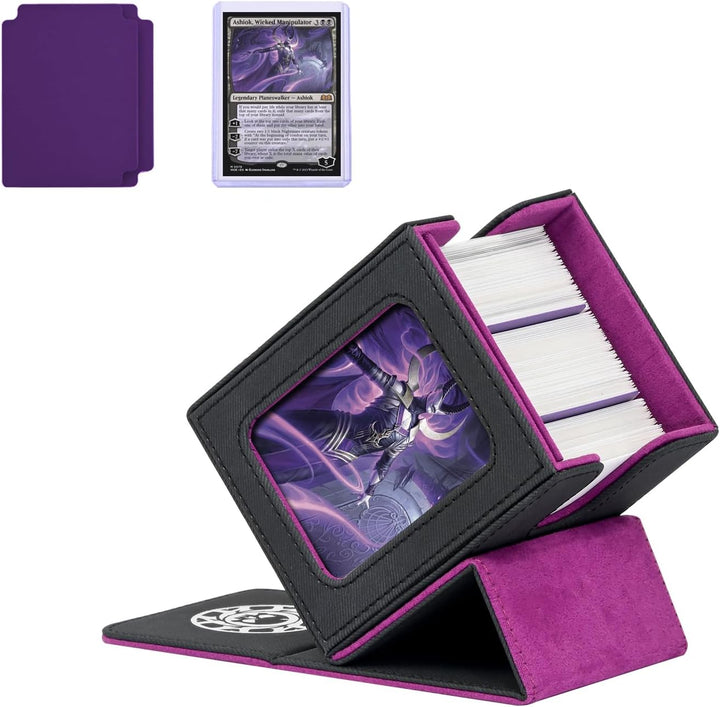 Card Deck Box for MTG with Commander Display for 100+ Double Sleeved Cards, Magnetic Card Storage Box Fits for TCG Sports Trading Cards (Black&Purple)