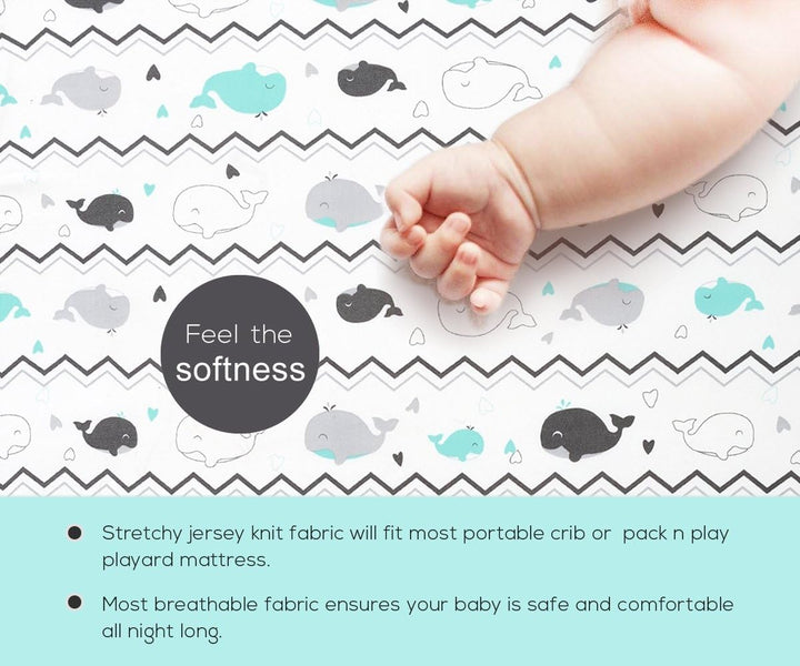 Pack N Play Sheets,  2 Pack Mini Crib Sheets,Stretchy Portable Fitted Playard Sheet Set, Convertible Playard Mattress Cover,Ultra Soft Breathable Material,Elephant Whale
