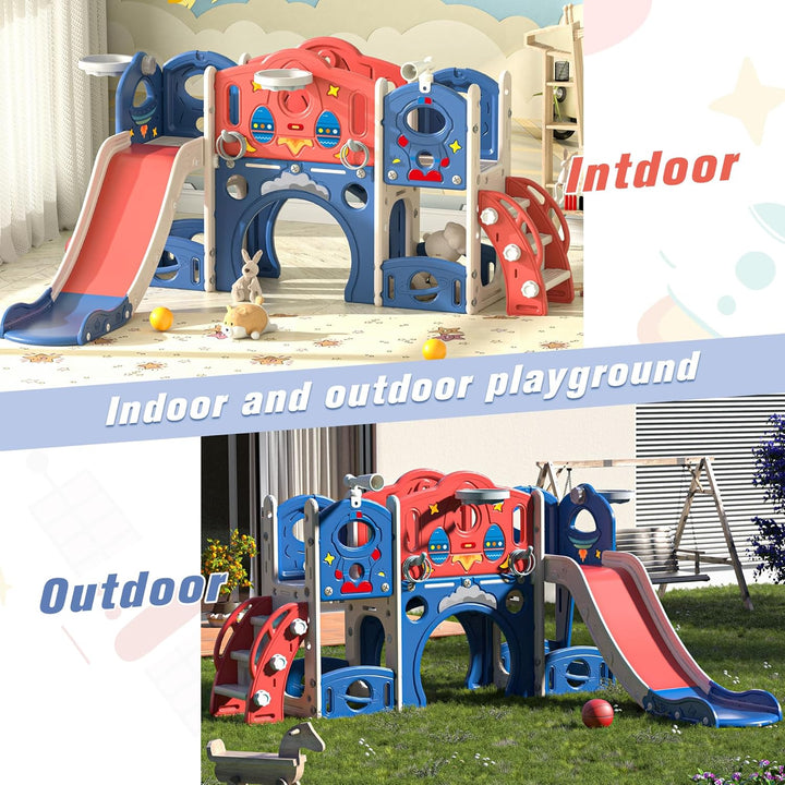 9-In-1 Castle Amusement Playground Playhouse, Indoor Outdoor Playset for Toddlers Age 1-3, Backyard Climber Play Set Slide for Kids Baby (Blue)