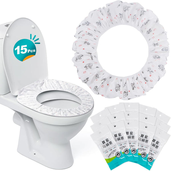 Portable Toilet Mat - Disposable Toilet Seat Cover Waterproof Non-Woven Fabric Printed Individually Wrapped for Travel,Hotel,Hospital and Public Toilet(15Pcs)