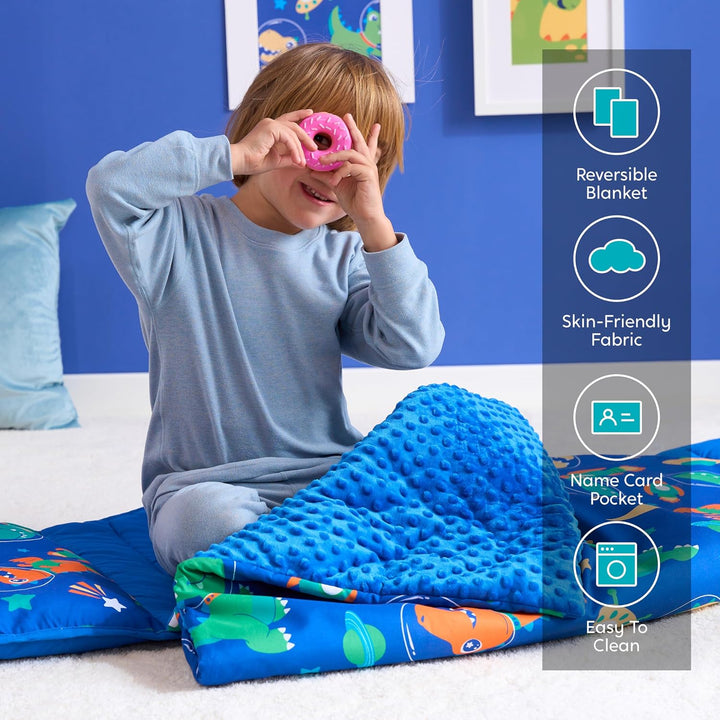 Toddler Nap Mat for Preschool 55''X30'' Sleeping Mat with Removable Pillow and Minky Blanket for Kids Ages 3-7 Roll up Soft Kids Sleeping Bag for Boys Girls Kindergarten Daycare Sleepover