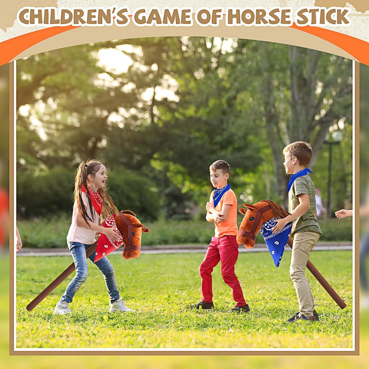 8 Pcs Light Brown Horse Stick with Sound Red and Blue Bandana Set 27.6'' Toys Stick Horse Western Cowboy Bandana Horse Head Stick with Neighing Sound for Boys Girls Fun Pretend Games