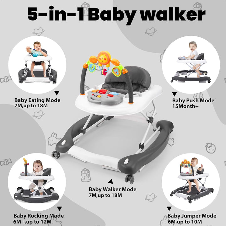 Baby Walker, 5-In-1 Baby Walkers for Boys and Girls 6-12 Months with Bouncer, Removable Footrest, Feeding Tray & Music, Foldable & Adjustable Activity Walker for 6-18 Months Toddler Infant