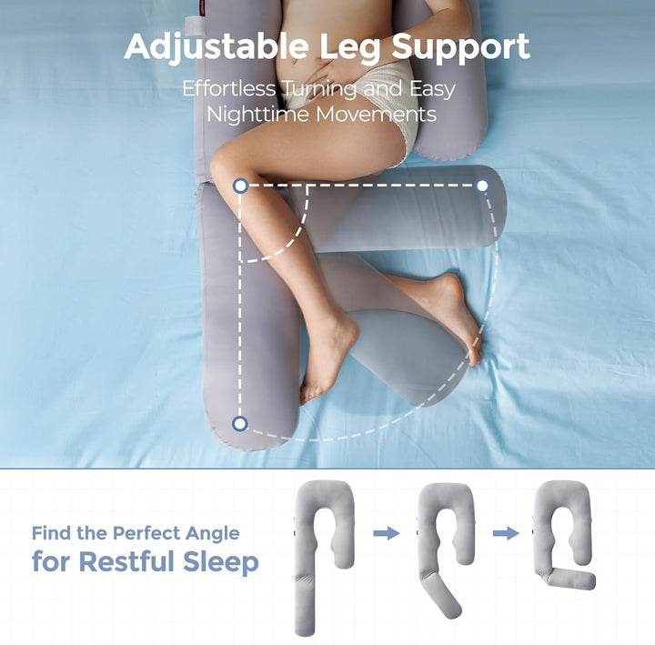 Pregnancy Pillow with Cooling Cover, Dreamlign U Pro Maternity Pillow with Adjustable Leg Pillow - Support for Back, HIPS, Belly, Legs for Pregnant Women, 50-72 Inch Full Body Pillow, Grey