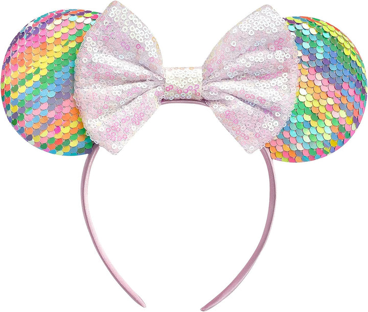 Mouse Ears, Sequin Mouse Ears Headband for Girls Women Halloween Birthday Party (Orange Bow)