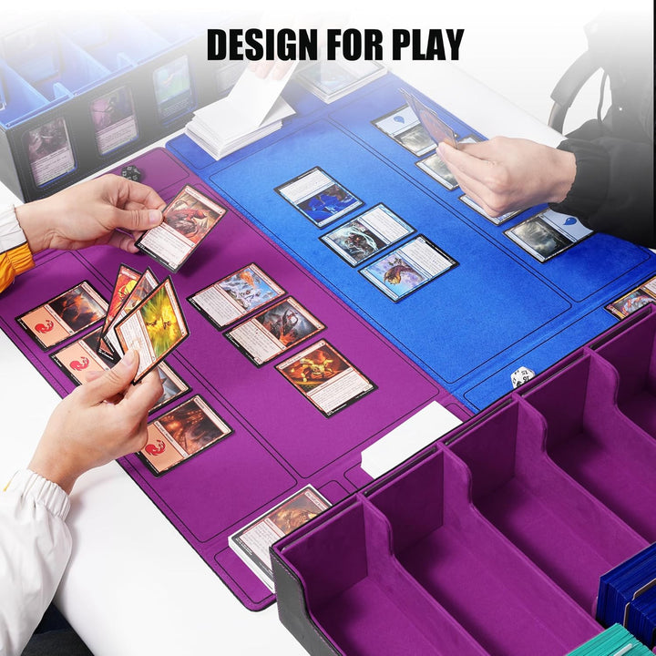 Trading Card Storage Box with Commander Display , 5-Row Deck Case with Removable Lid; 3900+ Card Deck Box for MTG TCG Sports Card, 5 Toploaders, 5 Stoppers, 48 Dividers,1 Dice Tray (Black Purple)