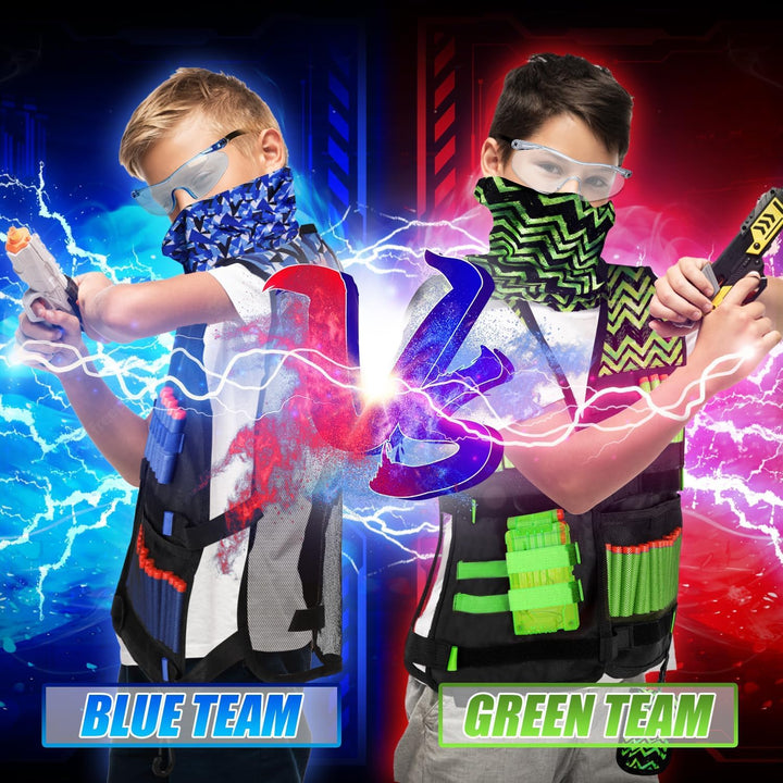2PACK Kids Tactical Vest Kit for Nerf Guns N-Strike Elite Series for Boys Girls, with 60 Refill Darts, Dart Pouch, Tactical Mask, Reload Clips, Protective Glasses (Blue+Green)