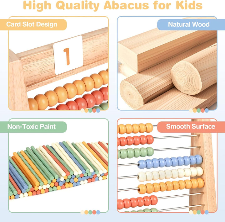 Abacus for Kids Math - Wooden Abacus with 100 Counting Sticks and 112 Math Cards, Counting Toys for Preschool Learning, Educational Math Toys for Developing Fine Motor Skills, Math Calculation