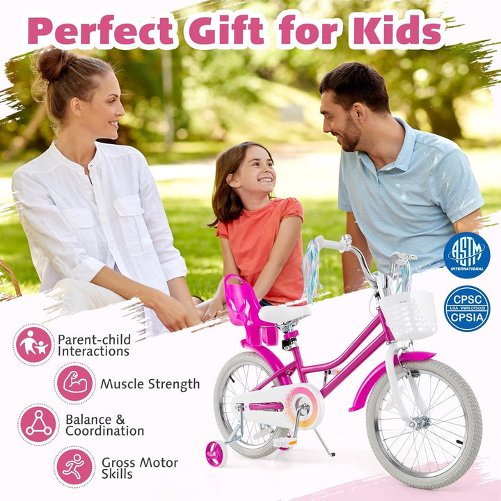 Kids Bike, 12 14 16 18 Inch Girls Bike W/Training Wheels, Doll Seat, Streamers, Handbrake & Coaster Brake, Fully Enclosed Chain, Princess Style Children Bicycle, Gift for Girls 3-8