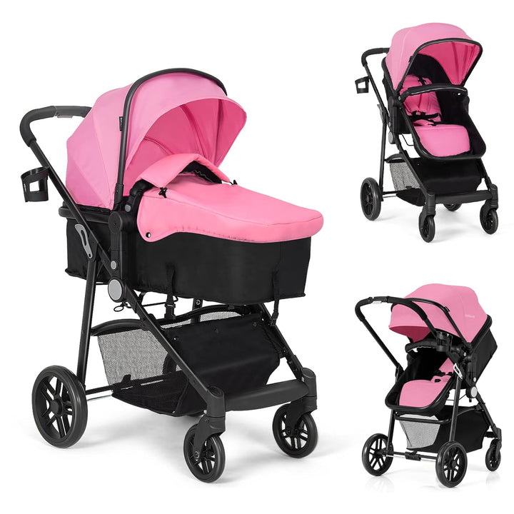 Baby Stroller, 2 in 1 Convertible Carriage Bassinet to Stroller, Pushchair with Foot Cover, Cup Holder, Large Storage Space, Wheels Suspension, 5-Point Harness (Gray)