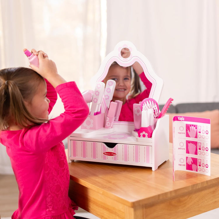 Wooden Beauty Salon Play Set with Vanity and Accessories (18 Pcs) - FSC Certified