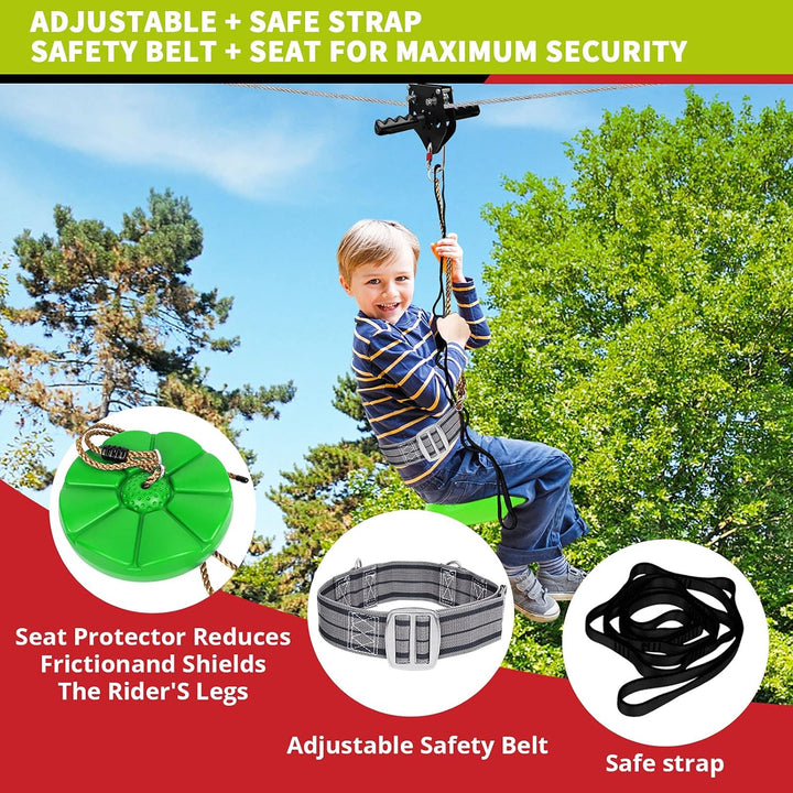 100 Ft /120 Ft /150 Ft/180Ft Zip Line Kit for Kids and Adult up to 380 Lb - Updated Removable Design Trolley and Thickened Seat, Rust Proof W/Safety Harness - Zipline Kits for Backyard