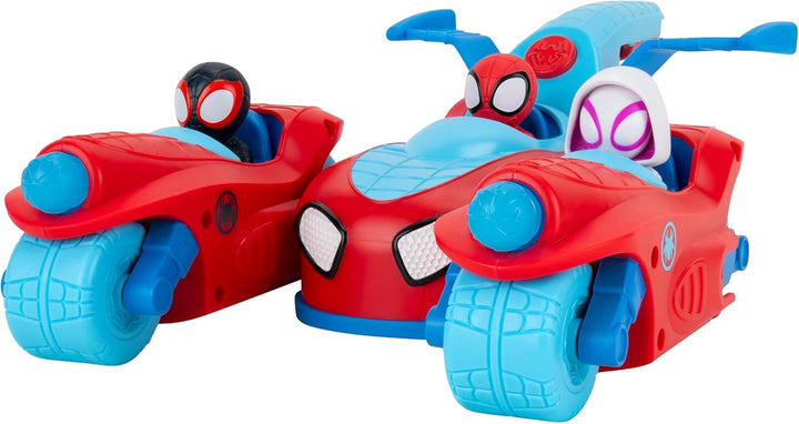 Marvel Spidey and His Amazing Friends Spidey Team Split Racer - 8.5-Inch Three-In-One Vehicle with Web Darts, Sound Effects, and Phrases