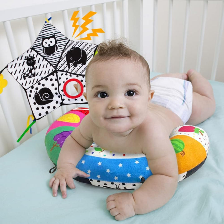 Tummy Time Pillow with Crinkle Mat & Teethers, Black and White High Contrast Baby Toys with Mirror, Montessori Sensory Crawling Toy for Infant Newborn Toddler Tummy Time Toys 0-6 Months Babies