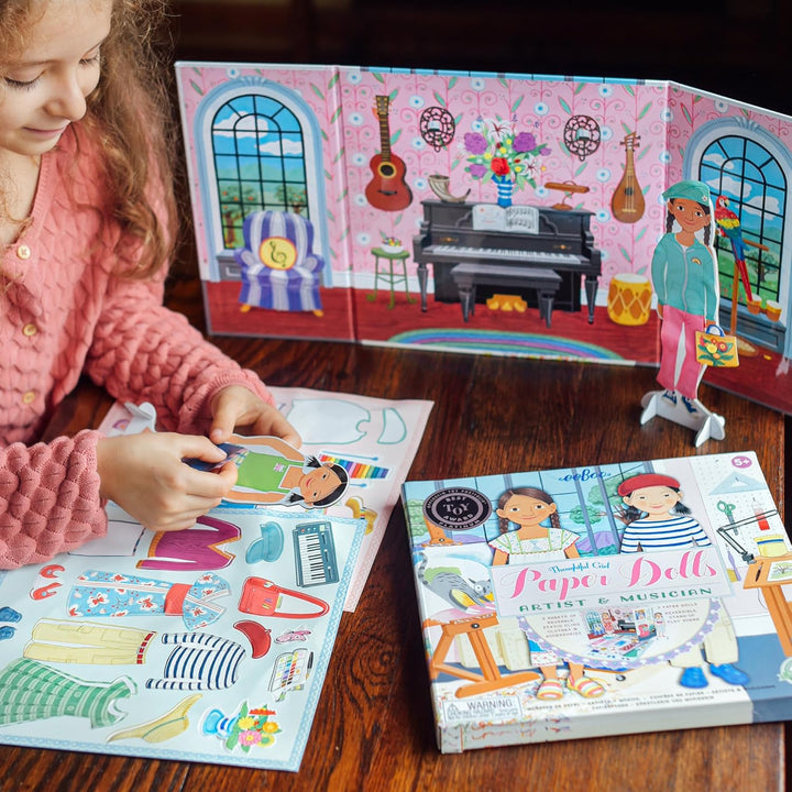 : Musician and Artist Paper Doll Reusable Set, Comes with a 2 Sided Stand-Up Scene, Heavy Duty Board, Perfect for Ages 5 and Up
