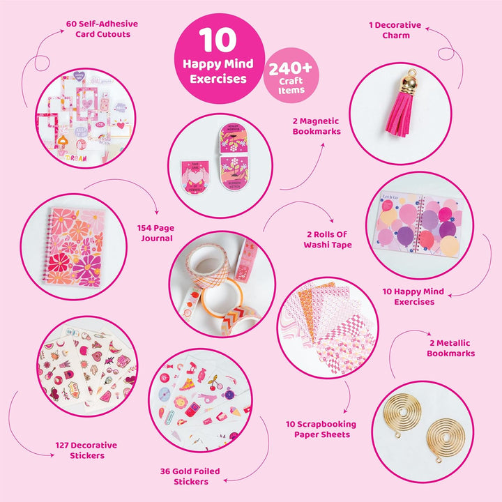 DIY Journal for Girls Ages 8-12, 242 Pcs, Journaling Kit, Tween Scrapbook, Includes 10 Mental Health Exercises, Girls Diary 8 9 10 11 12 Years