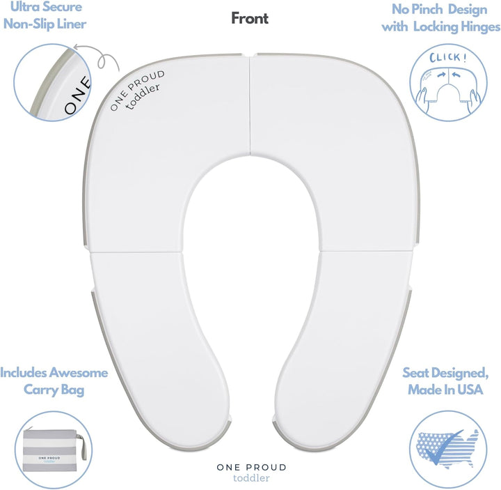 Travel Potty Seat, Ultra Compact, Ultra Non-Slip, Seat Made in USA, No-Pinch Locking Hinges, Easy to Clean, Included Carry Bag