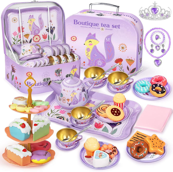 Tea Party Set for Little Girls, 49PCS Princess Tea Time Toys Including Tea Set Dessert Carrying Case, Kids Kitchen Pretend Playset, Tea Set for Girls Birthday Toddler Age 3-8, Pink