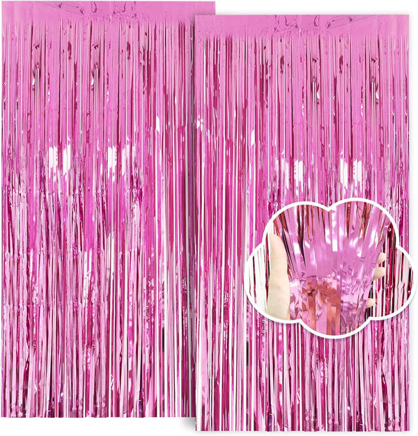 Pink Birthday Decorations for Girls, 3.3X8.2Ft Pink Tinsel Backdrop Foil Fringe Curtains, Glitter Pink Streamers Party Decorations Door Hanging for Barbie Bachelorette Graduation Halloween (2 Pack)