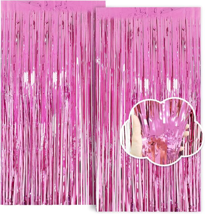 Pink Birthday Decorations for Girls, 3.3X8.2Ft Pink Tinsel Backdrop Foil Fringe Curtains, Glitter Pink Streamers Party Decorations Door Hanging for Barbie Bachelorette Graduation Halloween (2 Pack)