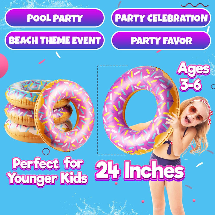 Inflatable Donuts - (Pack of 4) 24 Inch Donut Pool Float for Kids Ages 2-6 Pool Tube, Assorted Swim Rings with Sprinkles for Pool Floaties, Party Decorations