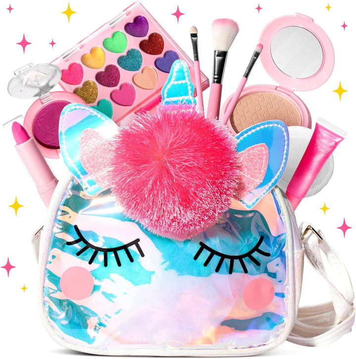Kids Real Makeup Kit for Girls with Fluffy Purse - Real, Non Toxic, Washable Make up Toy - Umicorn Toys Gift for 3 4 5 6 7 8 Years Old Girls Birthday (Pink Umicorn)