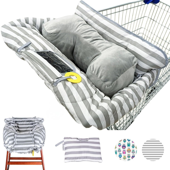 Shopping Cart Cover and High Chair Cover with Bolster Support Pillow (Gray and White Stripe with Cushion)