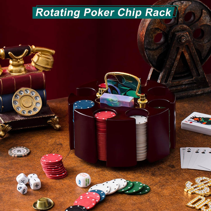 Poker Chips Poker Set, 200 Count Rotating Chip Case Wood Carousel Case Holder with 200 Pcs Chips and 2 Decks of Playing Cards for Casino Party Supplies Family Game Accessory