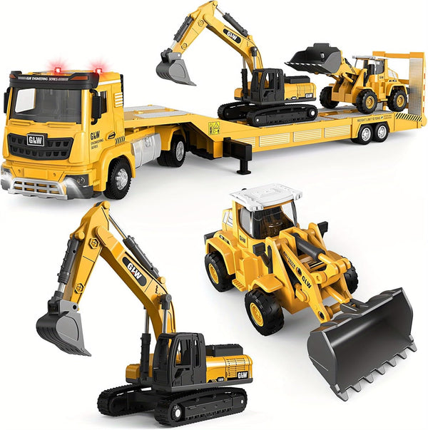 Alloy Die-Cast Construction Vehicles Toys Set W/Semi Truck, Excavator & Bulldozer - Real Lights & Sounds, Movable Parts - Learning Toys Gift for 3-7 Year Old Boys Girls