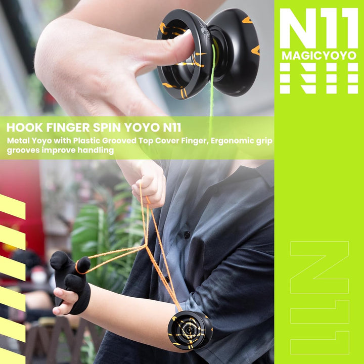 N11 Professional Unresponsive Yoyo N11 Dual Purpose Alloy Trick Yoyo Ball (Black with Golden) with Bag, Glove, 12 Yoyo Strings and Responsive Bearing Kit