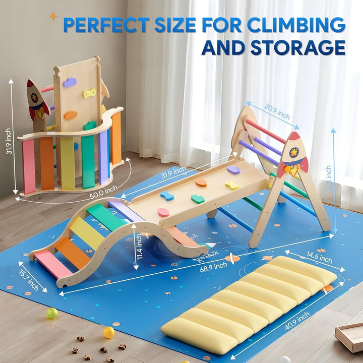 Pikler Triangle Set with Cushion, 9-In-1 Kids Climbing Toys for Toddlers 1-3 Inside, Montessori Toddler Climbing Toys Indoor, Large Wooden Pikler Triangle Climbing Set Baby Playground for Children