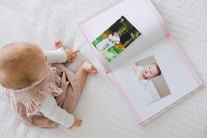 Baby Memory Book, First 5 Years Baby Milestone Book, Pregnancy Journal, Gender Neutral Newborn Keepsake, with Clean-Touch Ink Pad for Baby'S Handprint or Footprint, Pink Chevron