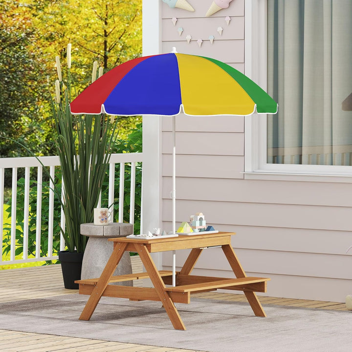 Kids Picnic Table, Wooden Outdoor Table & Bench Set with Removable Umbrella, Children Sand and Water Activity Table for Patio, Backyard, Gift for Boys Girls, Mixed Color